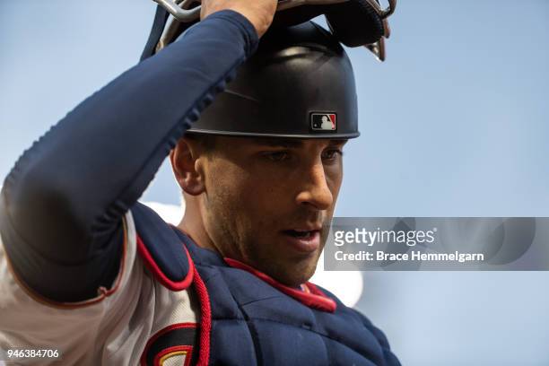 Jason Castro of the Minnesota Twins looks on against the Houston Astros on April 9, 2018 at Target Field in Minneapolis, Minnesota. The Astros...