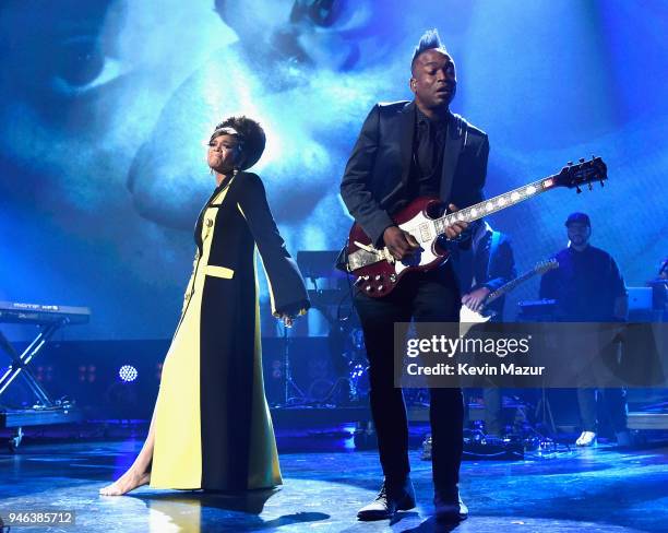 Recording artist Andra Day pays tribute to Nina Simone during the 33rd Annual Rock & Roll Hall of Fame Induction Ceremony at Public Auditorium on...