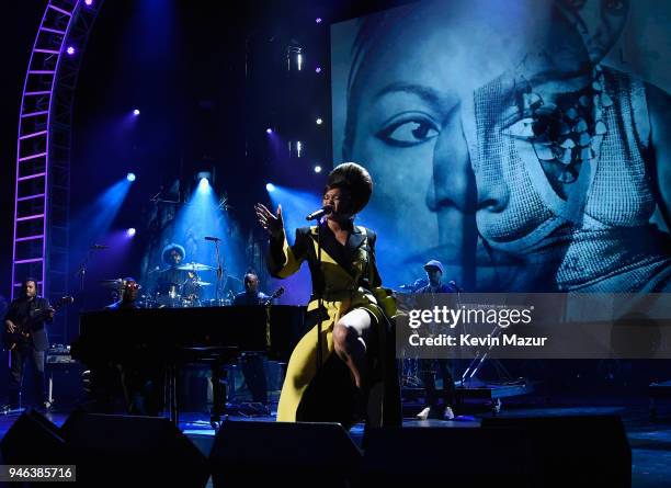 Recording artist Andra Day pays tribute to Nina Simone during the 33rd Annual Rock & Roll Hall of Fame Induction Ceremony at Public Auditorium on...