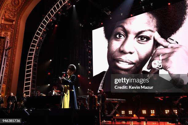 Recording artist Andra Day pays tribute to Nina Simone during the 33rd Annual Rock & Roll Hall of Fame Induction Ceremony at Public Auditorium on...