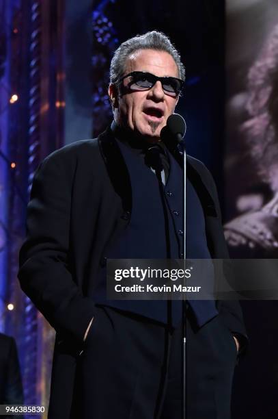 Inductee Tico Torres of Bon Jovi speak during the 33rd Annual Rock & Roll Hall of Fame Induction Ceremony at Public Auditorium on April 14, 2018 in...