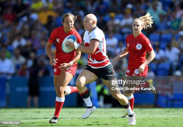 Heather Fisher of England breaks away from the defence in the WomenÕs Bronze Medal Final match between England and Canada during Rugby Sevens on day...