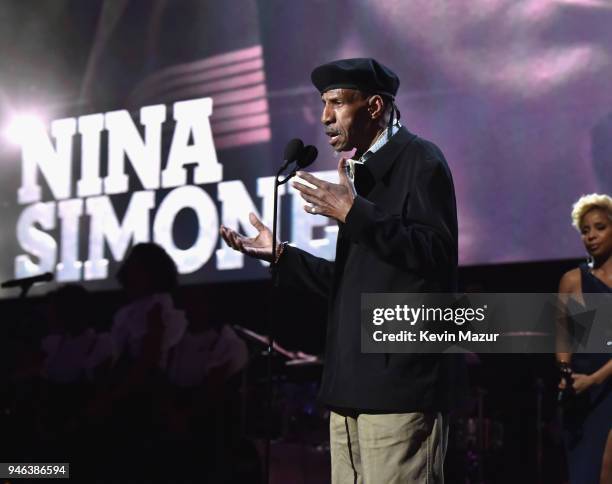 Nina Simone's brother Sam Waymon speaks during the 33rd Annual Rock & Roll Hall of Fame Induction Ceremony at Public Auditorium on April 14, 2018 in...