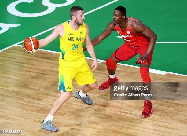 Jesse Wagstaff of Australia handles the ball during the Basketball gold medal match between Australia and Canada on day 11 of the Gold Coast 2018...