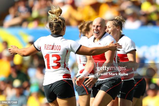 England Heather Fisher celebrates winning the Women's Bronze Medal Rugby Sevens Match between Canada and England on day 11 of the Gold Coast 2018...