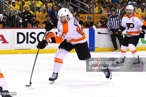 Michael Raffl of the Philadelphia Flyers takes a shot on goal against the Pittsburgh Penguins in Game Two of the Eastern Conference First Round...