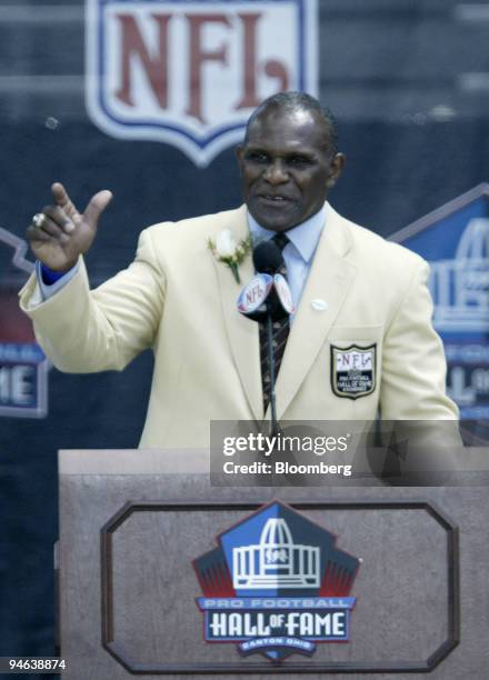 Harry Carson, former linebacker for the New York Giants, speaks during his induction into the Pro Football Hall of Fame on Saturday, August 5 in...
