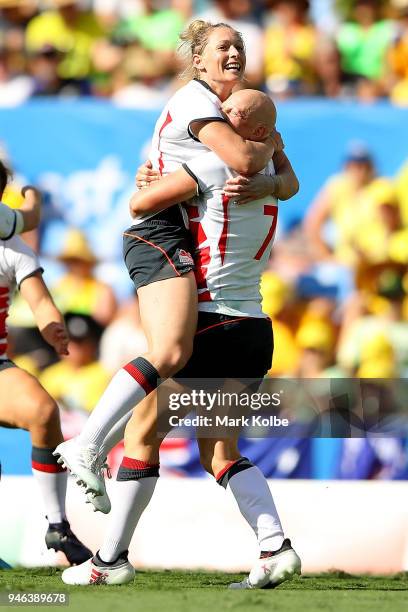 England celebrate winning the Women's Bronze Medal Rugby Sevens Match between Canada and England on day 11 of the Gold Coast 2018 Commonwealth Games...