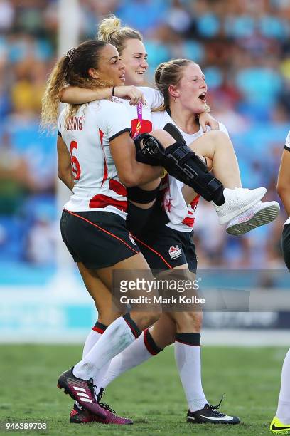 England Megan Jones celebrates winning the Women's Bronze Medal Rugby Sevens Match between Canada and England on day 11 of the Gold Coast 2018...
