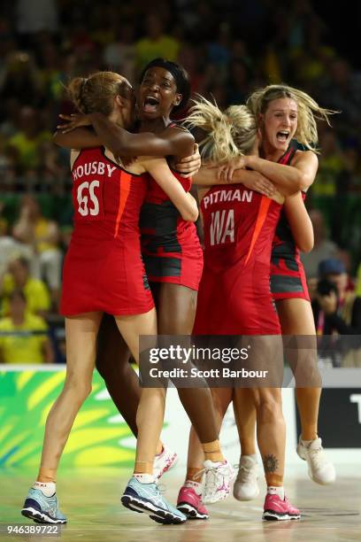 England celebrate victory in the Netball Gold Medal Match on day 11 of the Gold Coast 2018 Commonwealth Games at Coomera Indoor Sports Centre on...