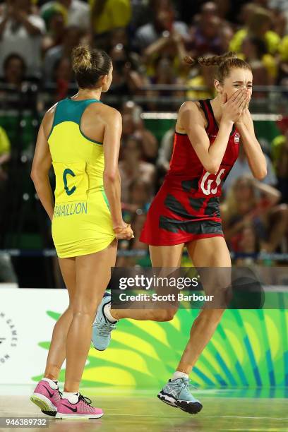 Helen Housby of England celebrates the winning goal during the Netball Gold Medal Match on day 11 of the Gold Coast 2018 Commonwealth Games at...