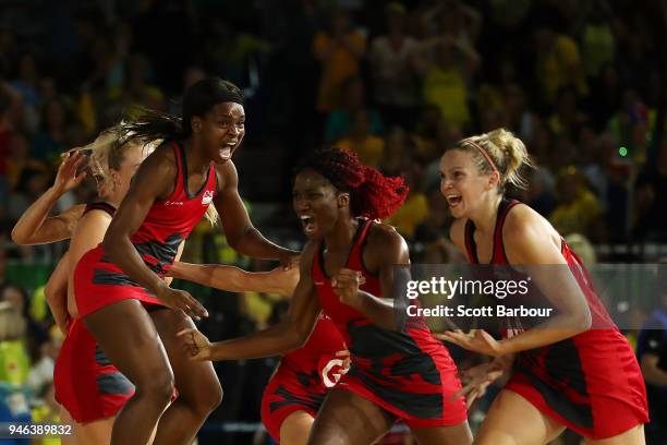 England celebrate victory in the Netball Gold Medal Match on day 11 of the Gold Coast 2018 Commonwealth Games at Coomera Indoor Sports Centre on...