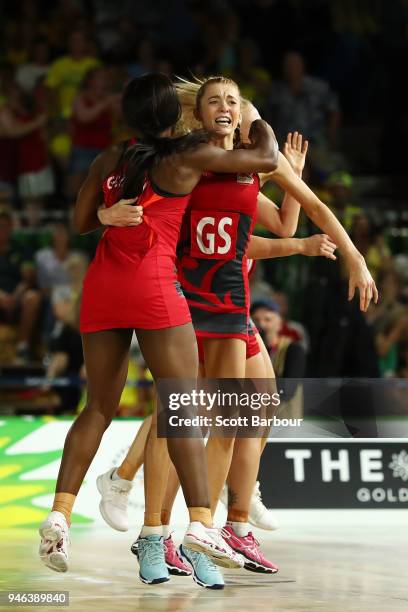 Helen Housby of England celebrates the winning goal during the Netball Gold Medal Match on day 11 of the Gold Coast 2018 Commonwealth Games at...
