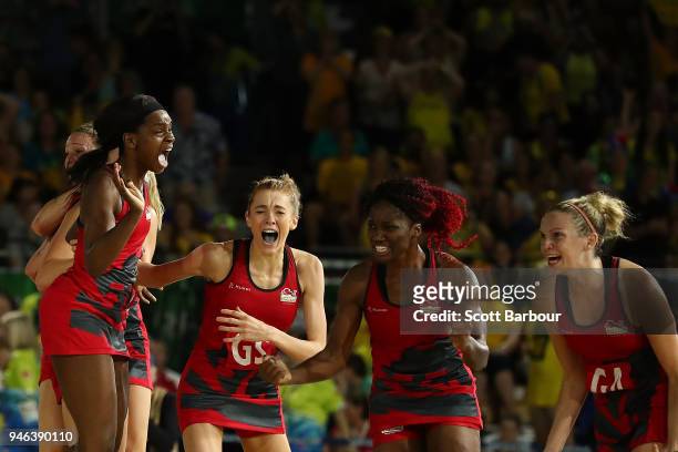 England celebrate victory in the Netball Gold Medal Match on day 11 of the Gold Coast 2018 Commonwealth Games at Coomera Indoor Sports Centre on...