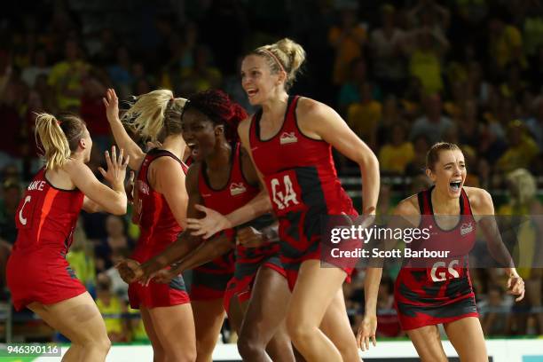 England celebrate victory in the Netball Gold Medal Match on day 11 of the Gold Coast 2018 Commonwealth Games at Coomera Indoor Sports Centre on...