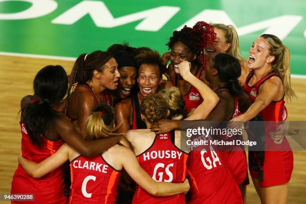 England celebrate victory in the Netball Gold Medal Match on day 11 of the Gold Coast 2018 Commonwealth Games at Coomera Indoor Sports Centre on...