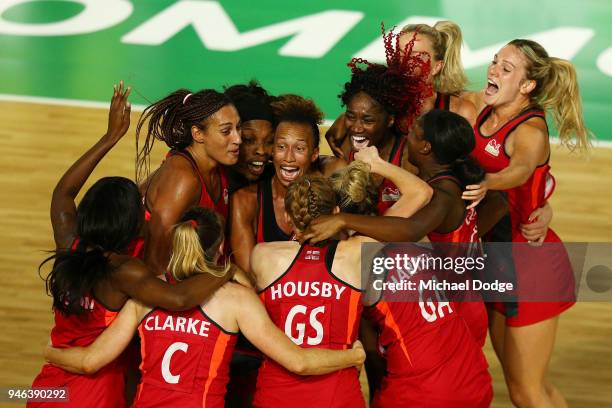 England celebrate victory in the Netball Gold Medal Match on day 11 of the Gold Coast 2018 Commonwealth Games at Coomera Indoor Sports Centre on...