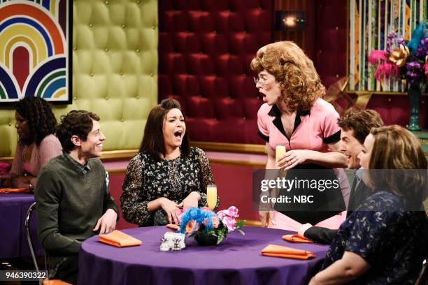 Episode 1743 "John Mulaney" -- Pictured: Pete Davidson, Cecily Strong, John Mulaney as Tawny Pockets/Milton Sauders, Alex Moffat as Gary Watson, Aidy...