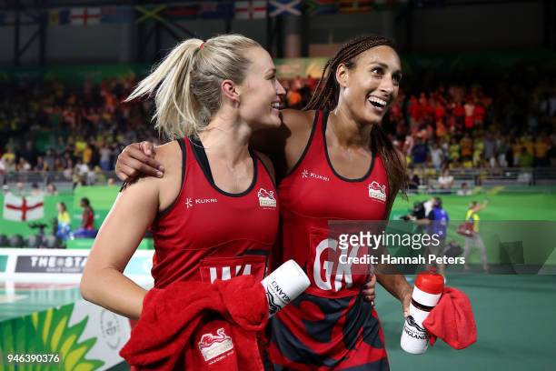 Chelsea Pitman and Geva Mentor of England celebrate victory in the Netball Gold Medal Match on day 11 of the Gold Coast 2018 Commonwealth Games at...