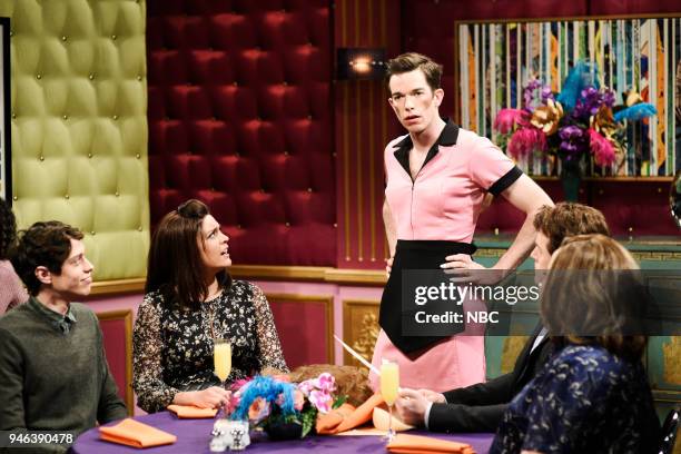 Episode 1743 "John Mulaney" -- Pictured: Pete Davidson, Cecily Strong, John Mulaney as Tawny Pockets/Milton Sauders, Alex Moffat as Gary Watson, Aidy...