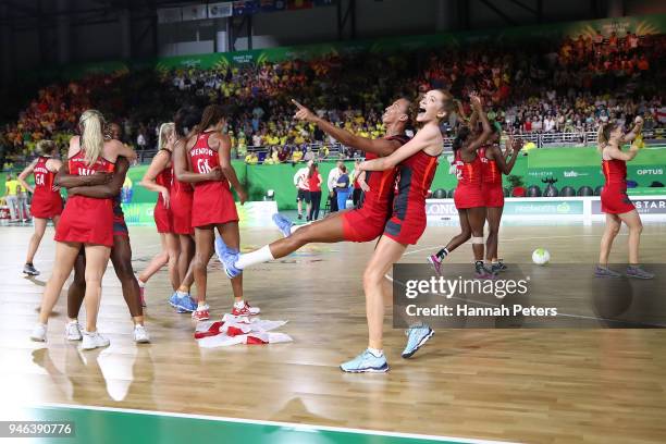 England celebrate victory in the Netball Gold Medal Match on day 11 of the Gold Coast 2018 Commonwealth Games at Coomera Indoor Sports Centre on...