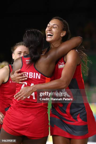Geva Mentor of England celebrates victory in the Netball Gold Medal Match on day 11 of the Gold Coast 2018 Commonwealth Games at Coomera Indoor...