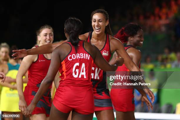 Geva Mentor of England celebrates victory in the Netball Gold Medal Match on day 11 of the Gold Coast 2018 Commonwealth Games at Coomera Indoor...