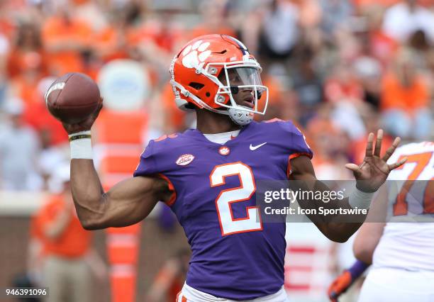 Kelly Bryant looks to throw a pass during action in the Clemson Spring Football game on April 14 at Clemson Memorial Stadium in Clemson, SC.