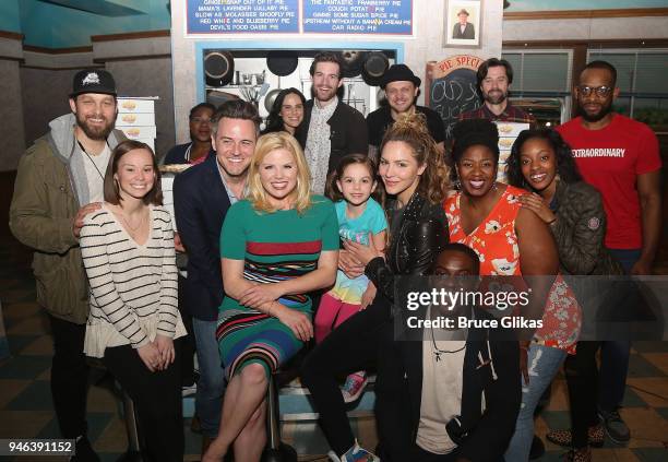 Katharine McPhee and Megan Hilty pose with the cast backstage at the hit musical "Waitress" on Broadway at The Brooks Atkinson Theatre on April 14,...