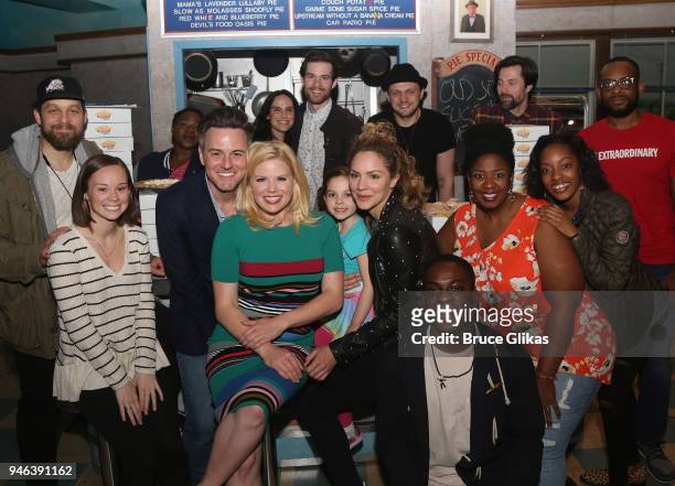Katharine McPhee and Megan Hilty pose with the cast backstage at the hit musical "Waitress" on Broadway at The Brooks Atkinson Theatre on April 14,...