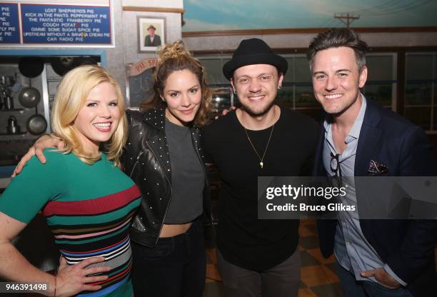 Megan Hilty, Katharine McPhee, Matt DeAngelis and Brian Gallagher pose backstage at the hit musical "Waitress" on Broadway at The Brooks Atkinson...