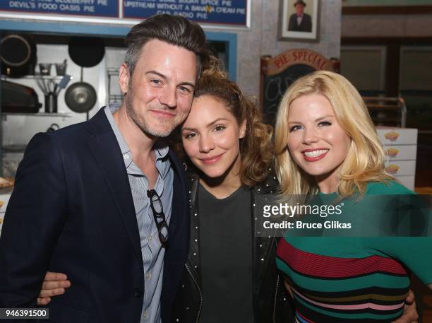 Brian Gallagher, Katharine McPhee and Megan Hilty pose backstage at the hit musical "Waitress" on Broadway at The Brooks Atkinson Theatre on April...