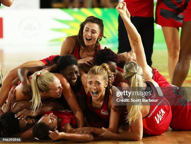 England celebrate victory in the Netball Gold Medal Match on day 11 of the Gold Coast 2018 Commonwealth Games at Coomera Indoor Sports Centre on...