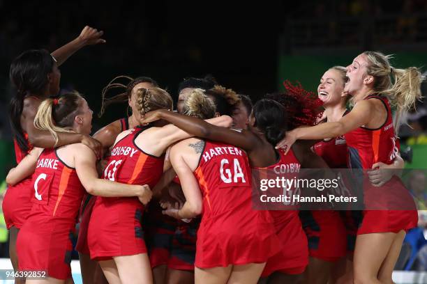 England celebrate victory in the Netball Gold Medal Match on day 11 of the Gold Coast 2018 Commonwealth Games at Coomera Indoor Sports Centre on...