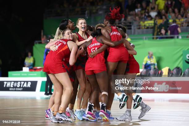 England celebrate victory in the Netball Gold Medal Match on day 11 of the Gold Coast 2018 Commonwealth Games at Coomera Indoor Sports Centre on...