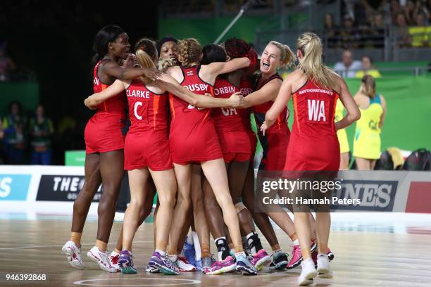 England celebrate victory in the Netball Gold Medal Match on day 11 of the Gold Coast 2018 Commonwealth Games at Coomera Indoor Sports Centre on...