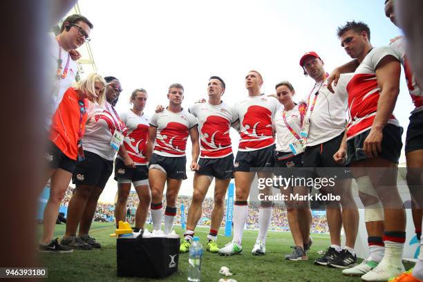 England celebrate winning the Men's Bronze Medal Rugby Sevens Match between South Africa and England on day 11 of the Gold Coast 2018 Commonwealth...