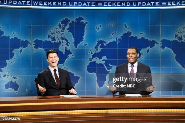 Episode 1743 "John Mulaney" -- Pictured: Colin Jost, Michael Che during "Weekend Update" in Studio 8H on Saturday, April 14, 2018 --