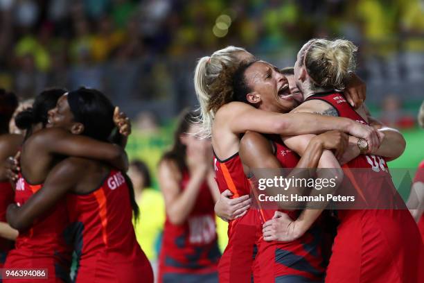 England celebrate victory in the Netball Gold Medal Match on day 11 of the Gold Coast 2018 Commonwealth Games at Coomera Indoor Sports Centre on...