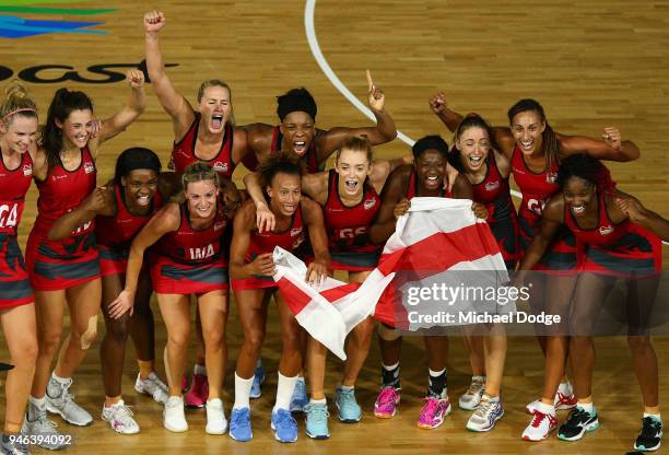 England celebrate victory in the Netball Gold Medal Match on day 11 of the Gold Coast 2018 Commonwealth Games at Coomera Indoor Sports Centre on...