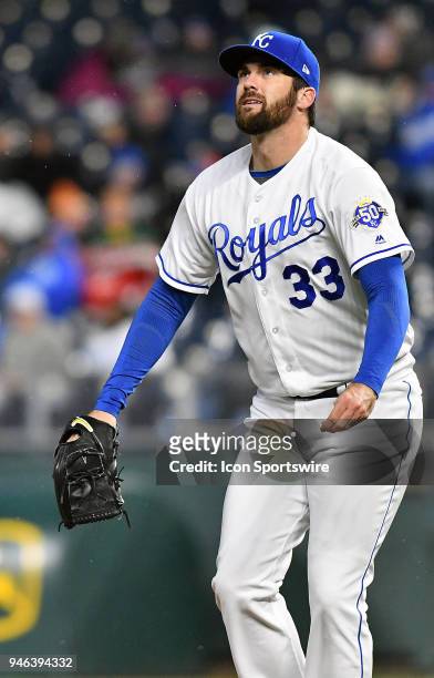 Kansas City Royals relief pitcher Bryan Flynn reacts after Los Angeles Angels third baseman Luis Valbuena 18) singles during an American League MLB...