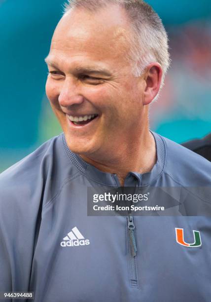 University of Miami Hurricanes Head Coach Mark Richt laughs during the University of Miami Hurricanes Spring Game on April 14, 2018 at the Hard Rock...