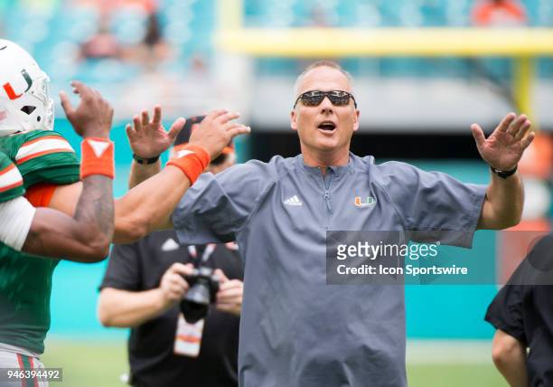 University of Miami Hurricanes Head Coach Mark Richt gestures on the field before the start of the University of Miami Hurricanes Spring Game on...