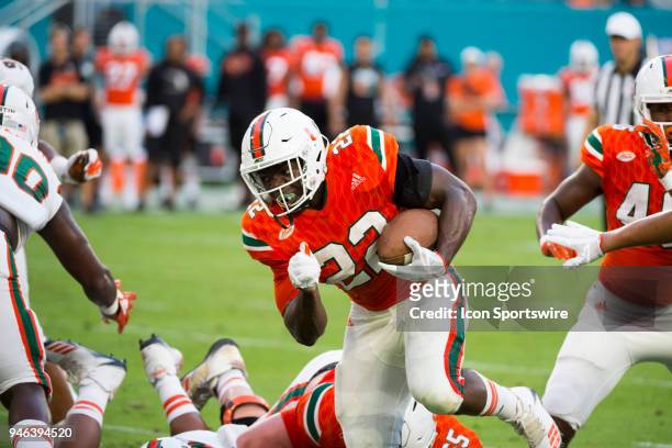 University of Miami Hurricanes Running Back Robert Burns runs with the ball during the University of Miami Hurricanes Spring Game on April 14, 2018...