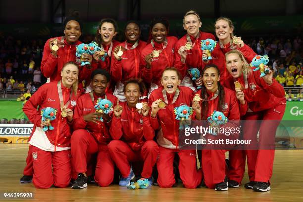 Gold medalists England pose during the medal ceremony for the Netball Gold Medal Match on day 11 of the Gold Coast 2018 Commonwealth Games at Coomera...