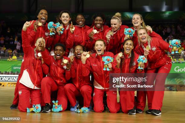 Gold medalists England pose during the medal ceremony for the Netball Gold Medal Match on day 11 of the Gold Coast 2018 Commonwealth Games at Coomera...