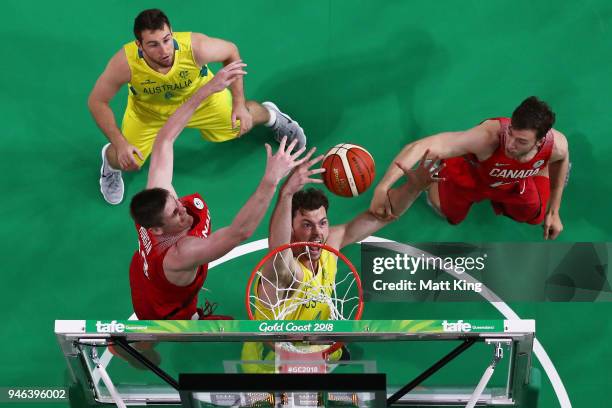 Angus Brandt of Australia rebounds during the Men's Gold Medal Basketball Game between Australia and Canada on day 11 of the Gold Coast 2018...