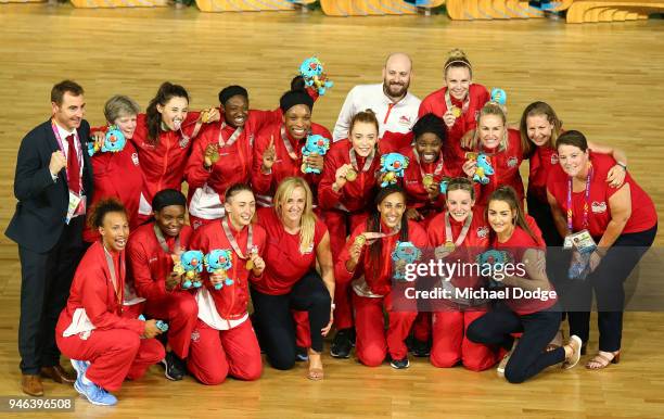 Gold medalists England pose during the medal ceremony for the Netball Gold Medal Match on day 11 of the Gold Coast 2018 Commonwealth Games at Coomera...