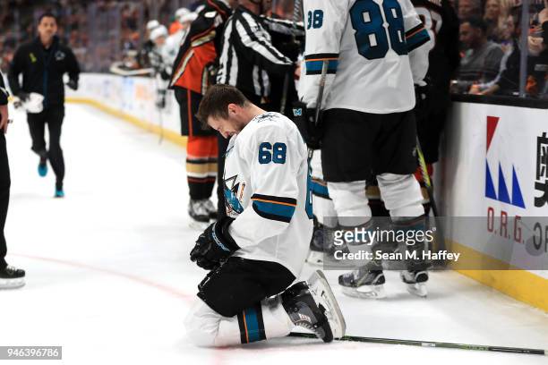 Melker Karlsson of the San Jose Sharks looks on after a check during the third period in Game Two of the Western Conference First Round against the...