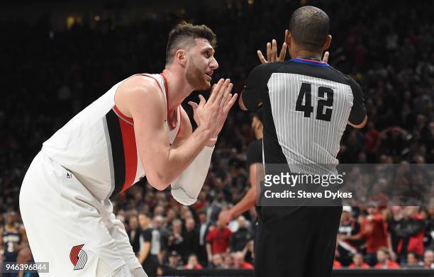 Jusuf Nurkic of the Portland Trail Blazers reacts to a call by referee Eric Lewis during the second half of game one of the the first round of the...